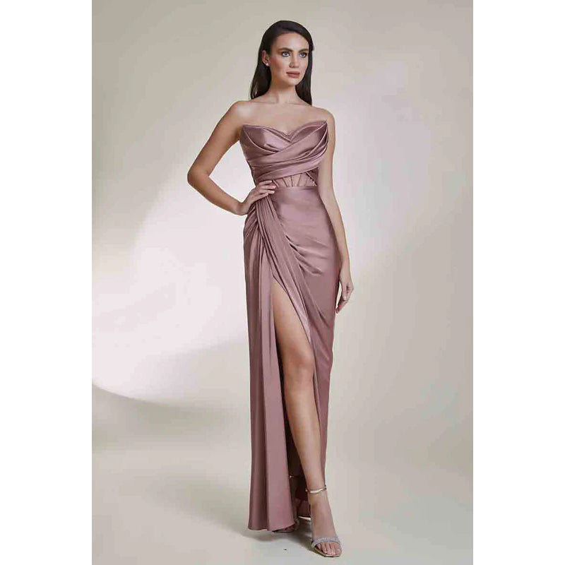 V-Neck Strapless Sleeveless Beaded Ruched Satin Sheath Long Evening Dress