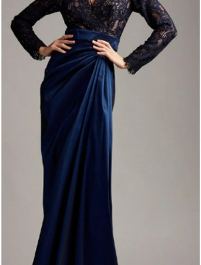 Sheath / Column Mother of the Bride Dress Wedding Guest Elegant V Neck Floor Length Velvet Long Sleeve with Lace Ruching