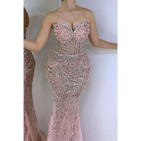 Elegant & Luxurious Pink Strapless Illusion Beaded Long Prom Dress Evening Gowns