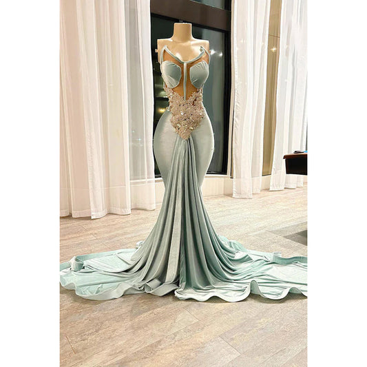 Elegant & Luxurious V-Neck Sleeveless Mermiad Evening Prom Dress With Rhinestone