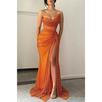 Fitted Asymmetrical Strapless Pleats with Side Slit Party Prom Evening Dress