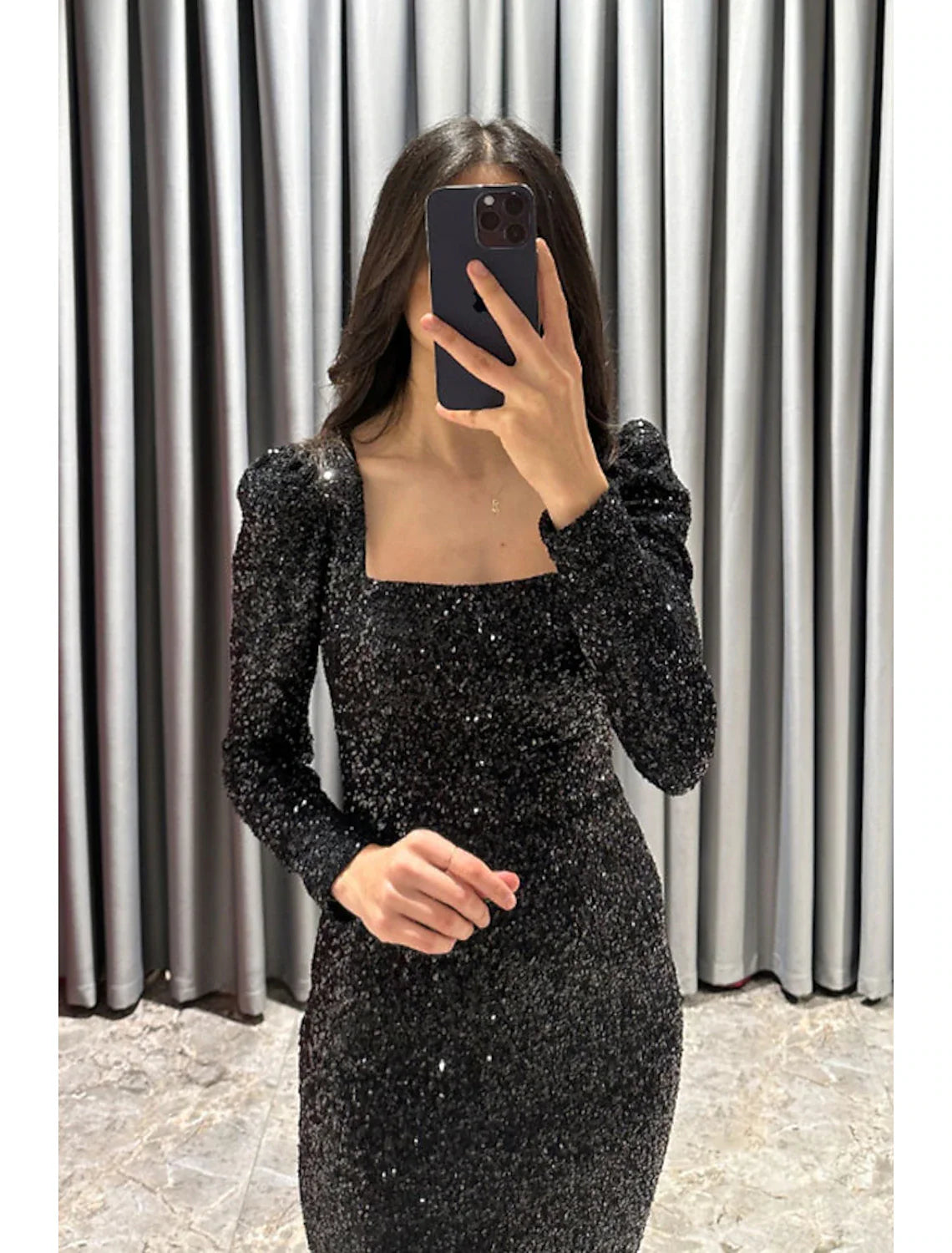 Sheath / Column Evening Gown Elegant Dress Formal Fall Tea Length Long Sleeve Square Neck Sequined with Glitter Slit