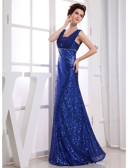 Sheath / Column Sparkle Wedding Guest Engagement Formal Evening Dress V Neck Sleeveless Floor Length Chiffon with Beading