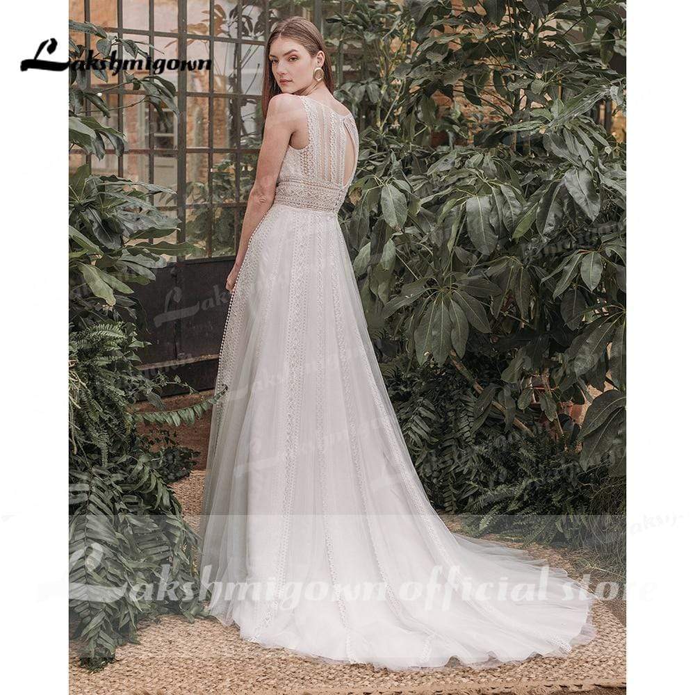 NumberSea NumberSea Elegant Beach Boho O Neck Lace Sleeveless Wedding Dresses