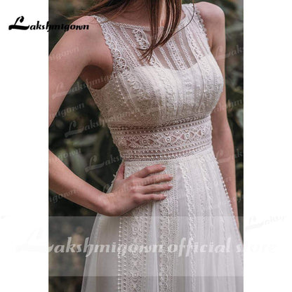 NumberSea NumberSea Elegant Beach Boho O Neck Lace Sleeveless Wedding Dresses