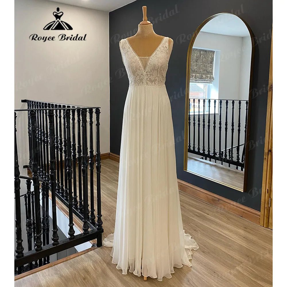 NumberSea - Elegant Bohemian Boho Sleeveless Lace Bodice Chiffon A Line Wedding Dress for Women 2024 Beach Bridal Gown vestido invitada boda