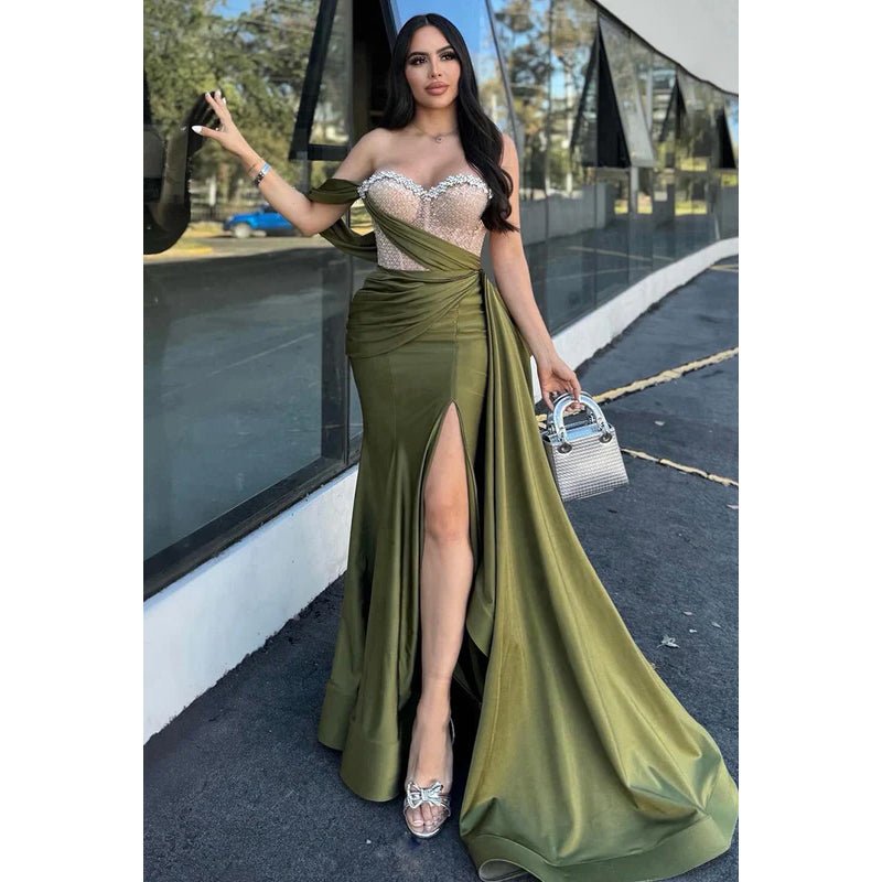 NumberSea - Elegant & Luxurious Off - Shoulder Sleeveless Sheath Side Slit Party Prom Dress