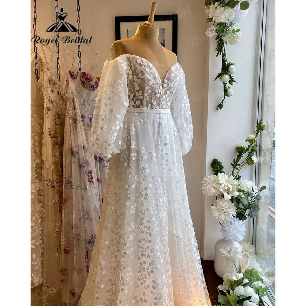 NumberSea - Elegant Off Shoulder Puff Long Sleeve Full Lace V Neck Wedding Dress for Women 2024 Bridal Gown Custom Made vestido de novia