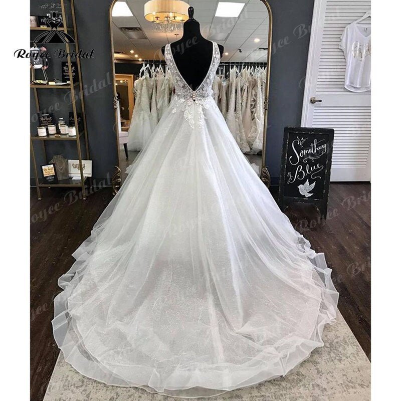 NumberSea - Elegant Princess Shiny Glitter Sleeveless Wedding Dress with Detachable Bow Backless Lace Applique 2022 Women Vestidos de Fiesta