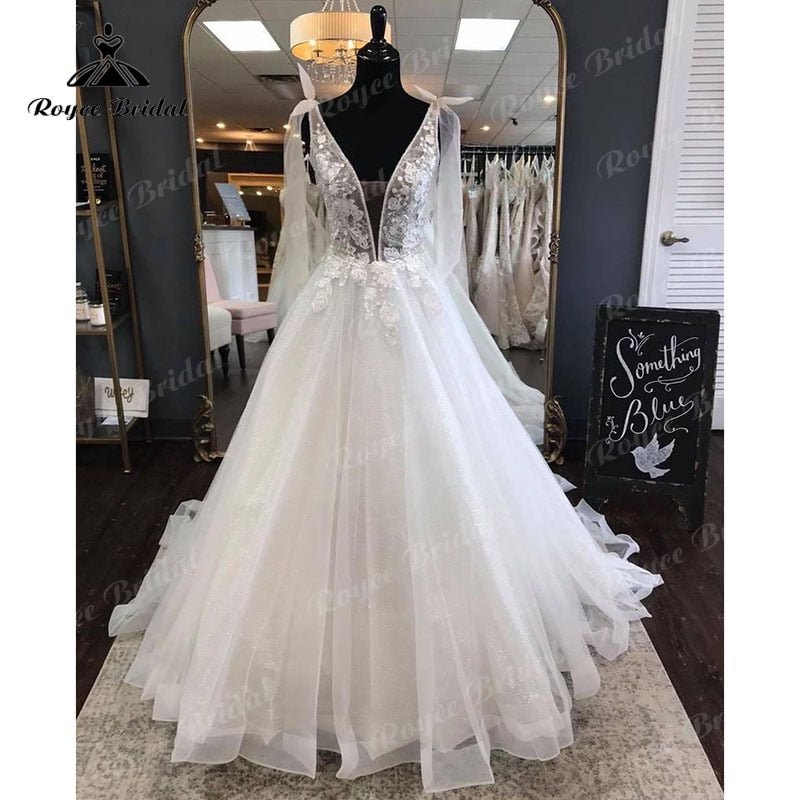 NumberSea - Elegant Princess Shiny Glitter Sleeveless Wedding Dress with Detachable Bow Backless Lace Applique 2022 Women Vestidos de Fiesta