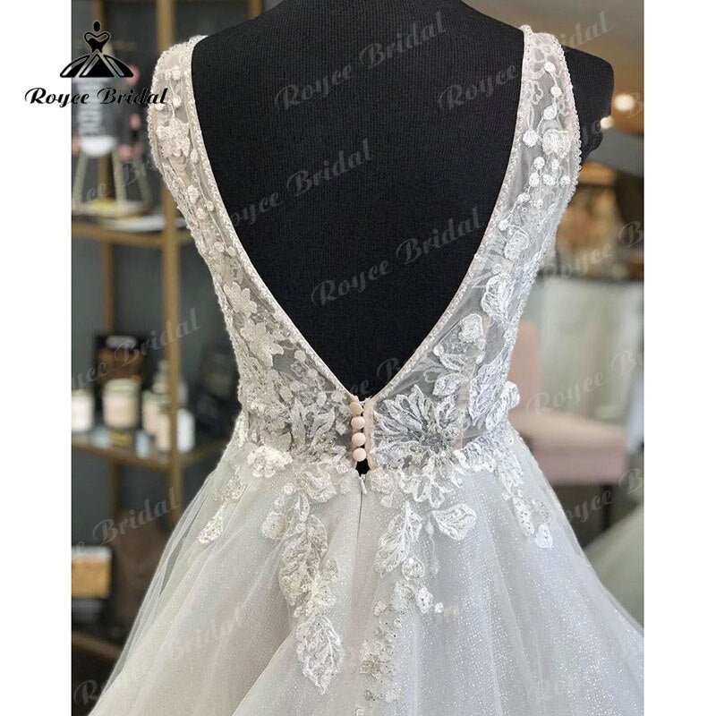 NumberSea - Elegant Princess Shiny Glitter Sleeveless Wedding Dress with Detachable Bow Backless Lace Applique 2022 Women Vestidos de Fiesta