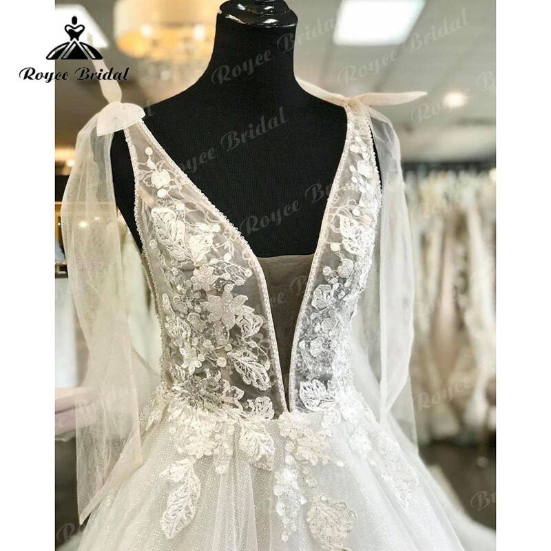 NumberSea - Elegant Princess Shiny Glitter Sleeveless Wedding Dress with Detachable Bow Backless Lace Applique 2022 Women Vestidos de Fiesta