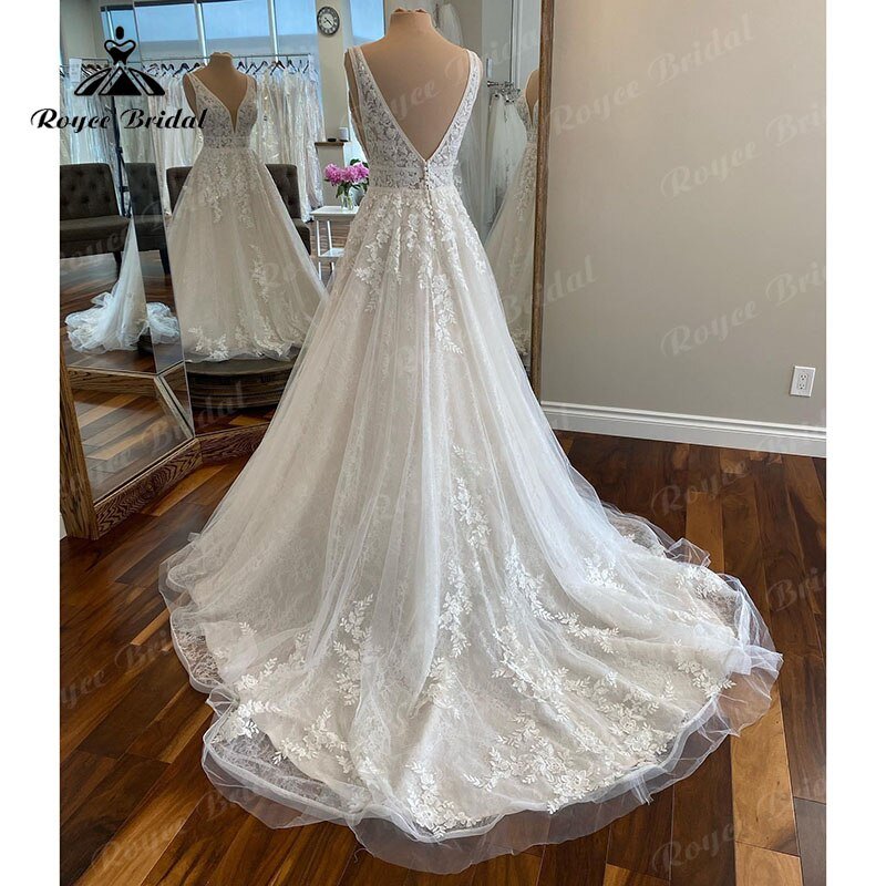 NumberSea - Elegant Robe Chic Boho Lace Wedding Gown 2025 V neck Women A Line Tulle Bridal Dresses Lace Bidice Vestidos de Novia Backless