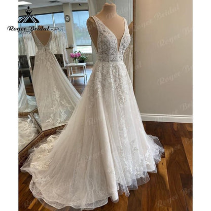 NumberSea - Elegant Robe Chic Boho Lace Wedding Gown 2025 V neck Women A Line Tulle Bridal Dresses Lace Bidice Vestidos de Novia Backless