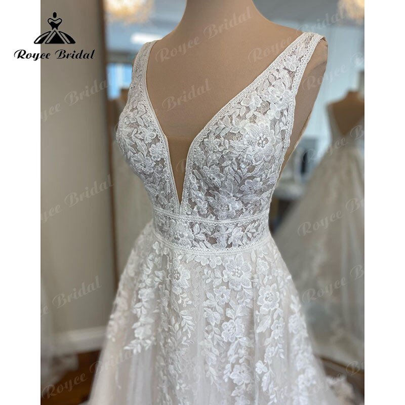 NumberSea - Elegant Robe Chic Boho Lace Wedding Gown 2025 V neck Women A Line Tulle Bridal Dresses Lace Bidice Vestidos de Novia Backless