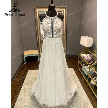 NumberSea - Elgant hochzeitskleid Boho A Line Halter Backless Lace Bodice Tulle Open Back Wedding Dress Wedding Gown Vestidos De Noiva 2025