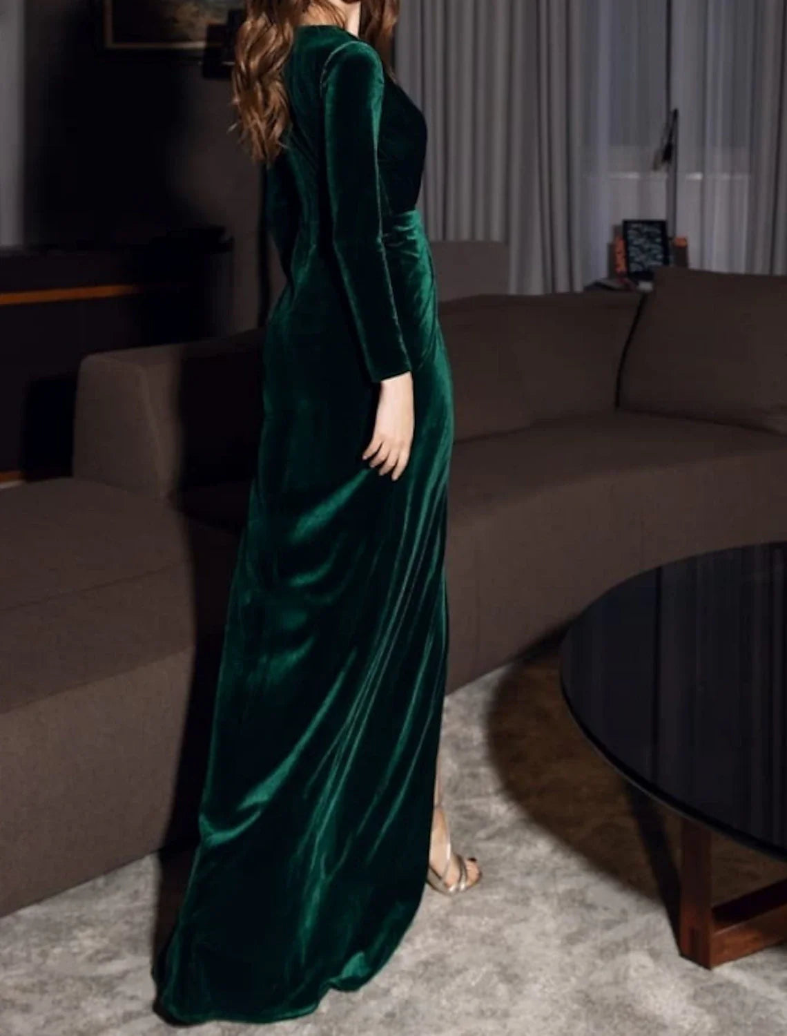 Sheath / Column Evening Gown Vintage Dress Christmas Red Green Dress Formal Evening Floor Length Long Sleeve V Neck Fall Wedding Guest Velvet with Draping Slit