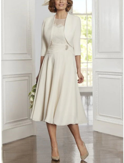 Zweiteiliges A-Linien-Kleid für die Mutter der Braut, Party, eleganter U-Ausschnitt, bodenlang, Spitze, Stretch-Chiffon, 3/4-Ärmel mit Falten, Kristallen