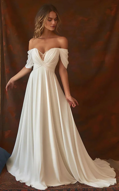 Brautkleid A-Linie Chiffon Ärmellos Off-the-Shoulder mit Bodenlänge