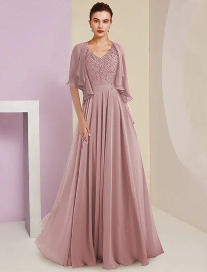 Zweiteiliges A-Linien-Kleid für die Mutter der Braut, formeller Hochzeitsgast, eleganter V-Ausschnitt, Schleppe aus Chiffon und Spitze, 3/4-Ärmel, Wickelärmel mit Faltenapplikationen