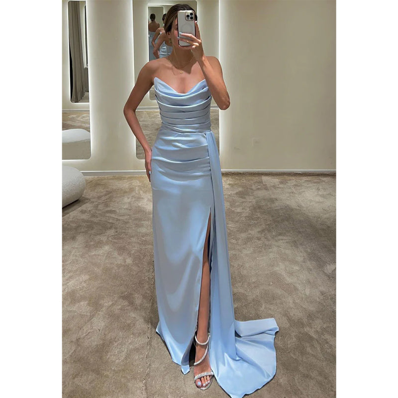 Sheath/column Strapless Satin Pleats Long Formal Evening Gowns