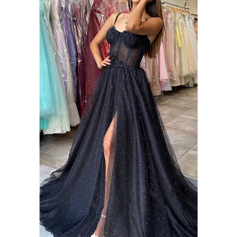 Spaghetti Straps Tulle Appliques Long Prom Dress with Slit