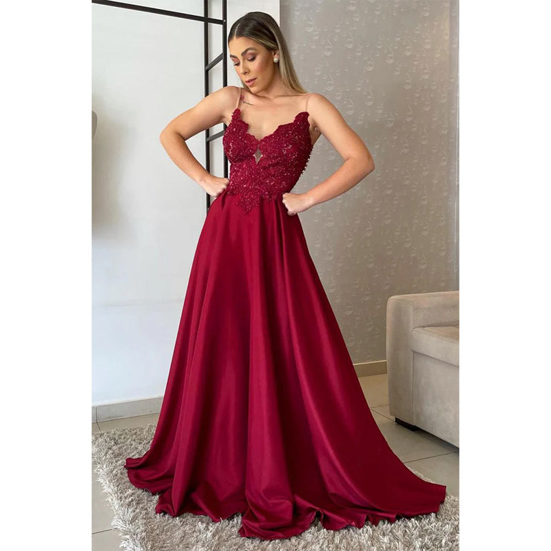 Women's Spaghetti Straps Lace Applique Long Formal Evening Dress