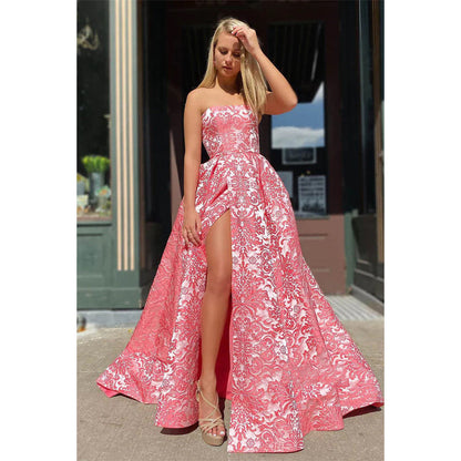 Strapless Exquisite Lace A-line High Split Long Prom Dress with Pockets