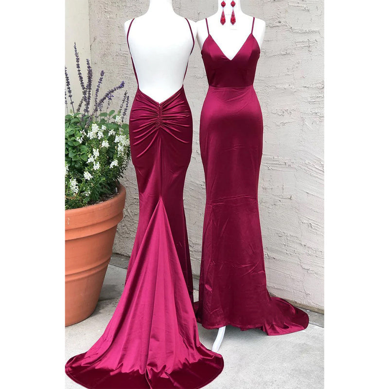 Plunging V-neck Simple Burgundy Mermaid Prom Dress