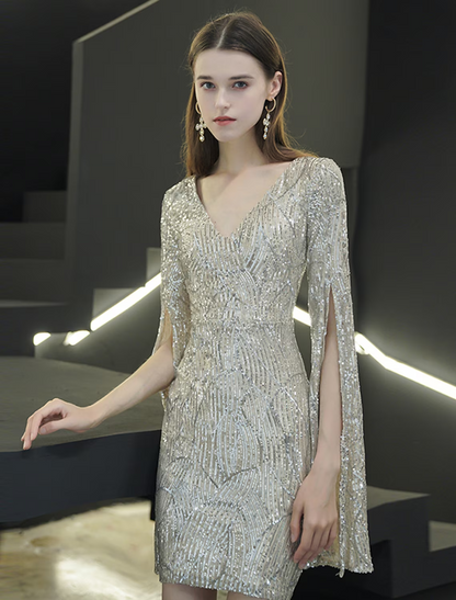 Sheath / Column Sparkle Elegant Homecoming Cocktail Party Dress V Neck Long Sleeve Short / Mini Sequined with Sequin Slit