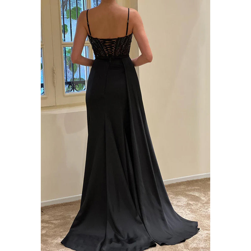 V-Neck Spaghetti Straps Beaded Ruched Sheath Long Prom Evening Gown