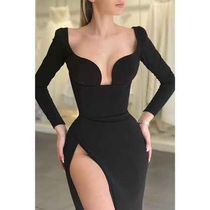 Sexy V-neck High Split Long Sleeves Formal Evening Dress