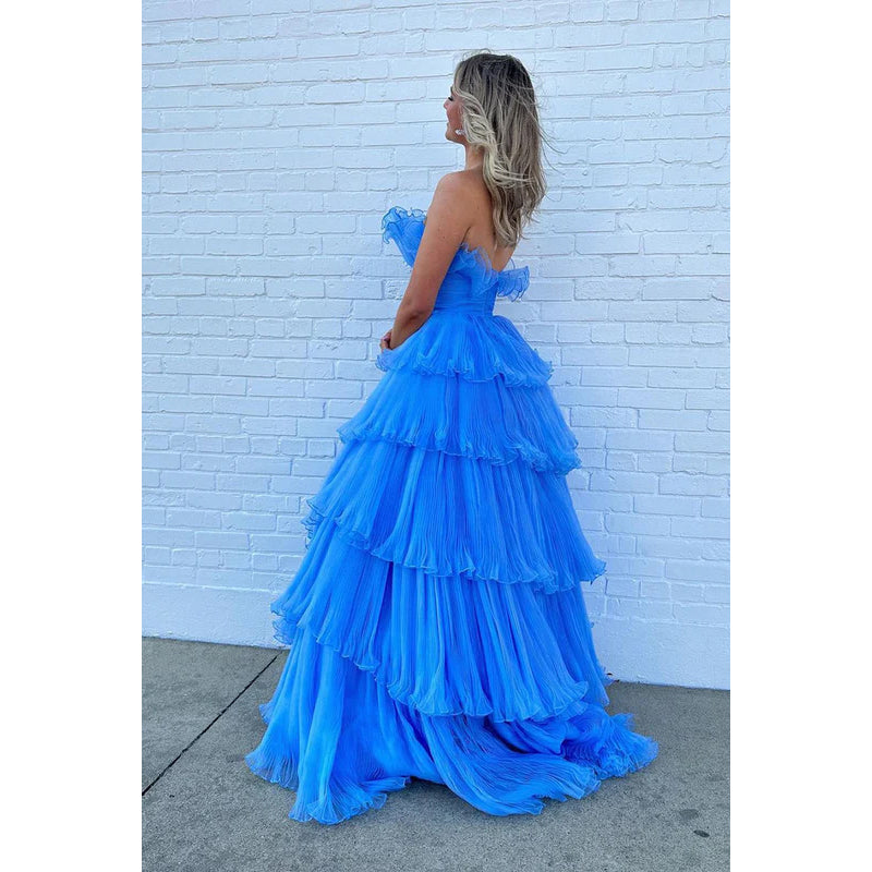 Strapless Ruched Tulle A-Line Long Prom Gown With Sweep Train