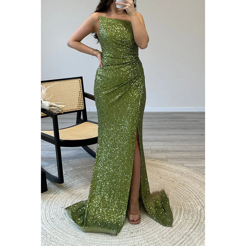 Sheath/column Strapless Sequins Pleats Long Prom Dress Evening Gown