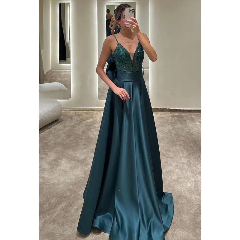 V-Neck Spaghetti Straps Sequined Satin A-Line Long Evening Dress