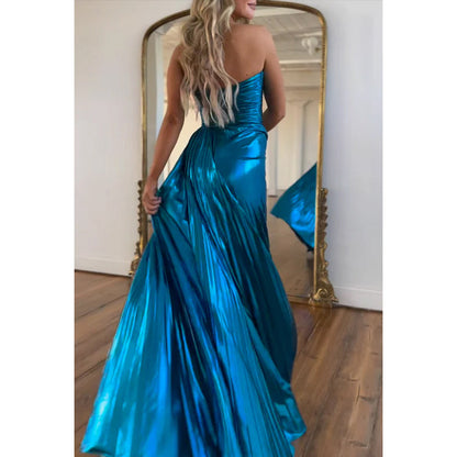 Simple & Casual Off-Shoulder Side Slit A-line Ruched Sleeveless Prom Dress