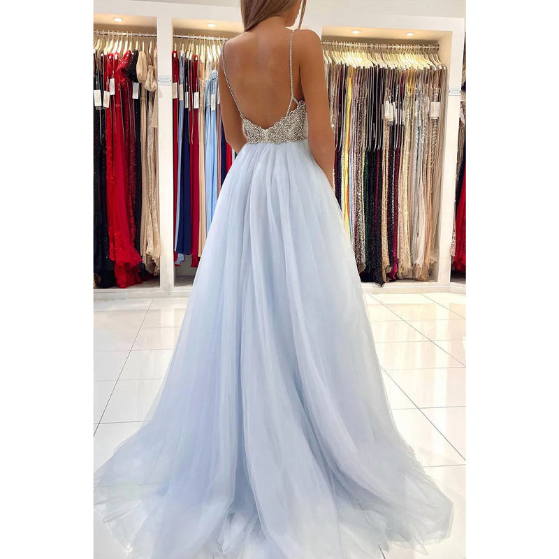 Spaghetti Straps V-neck Beads Long Prom Dress