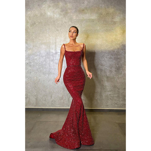 Spaghetti Straps Scoop Mermaid Burgundy Prom Dress