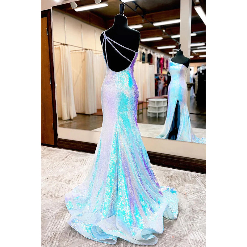 Unique One Shoulder Sequins Sparkly Prom Dress with Slit