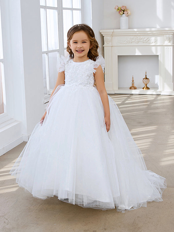 Ivory Princess Ball Gown with Lace Appliques and Tulle Court Train for Girls