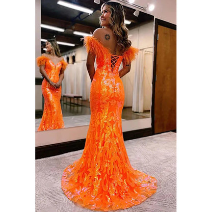 Sparkly Orange Sequins Off the Shoulder Mermaid Long Prom Dress with Feathers