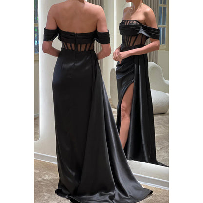 sexy &amp; heißes schulterfreies langes Ballkleid aus Satin mit Illusionsfalten und Schlitz 