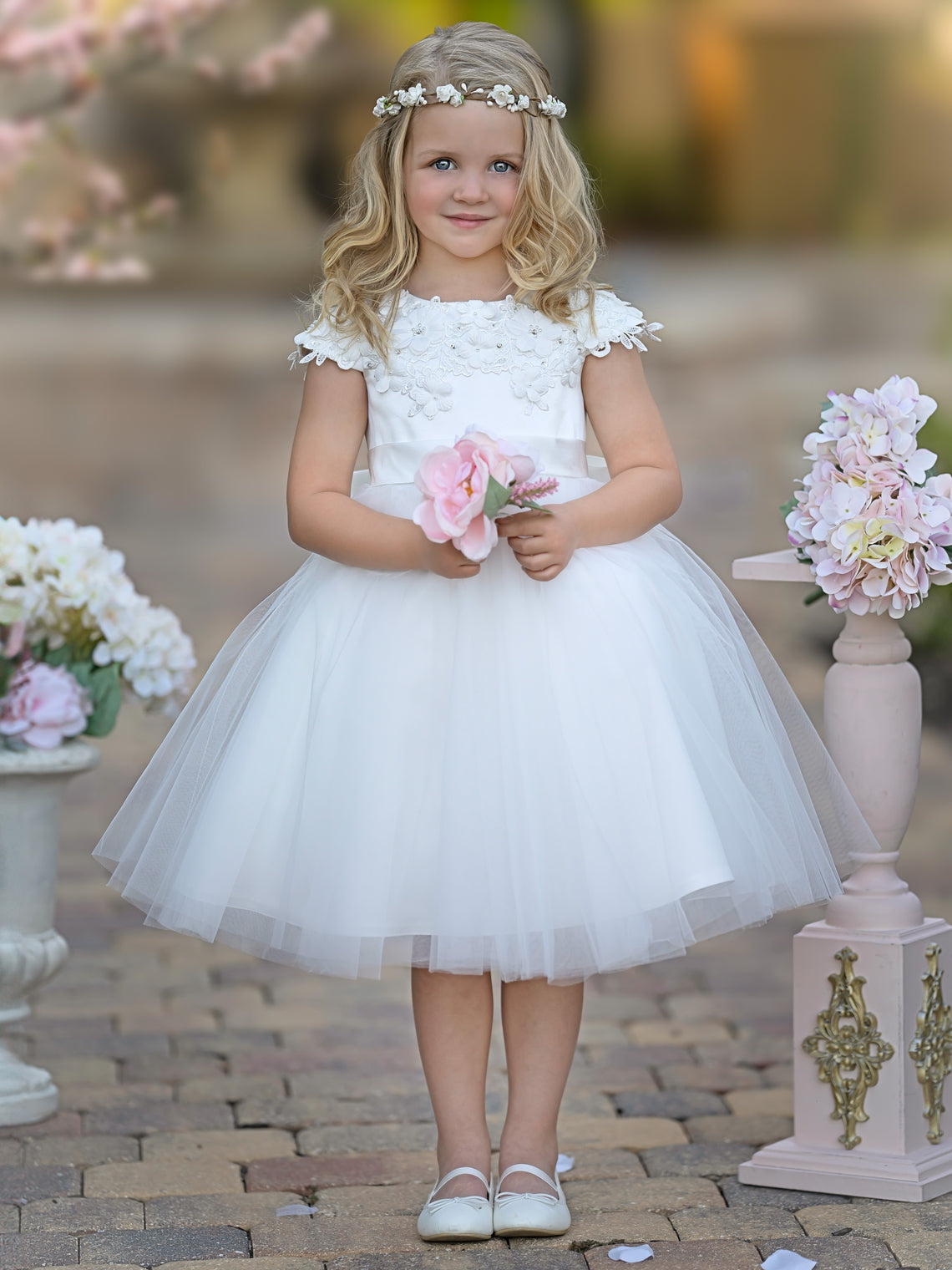 Satin Tulle Tea-length Ivory First Communion Flower Girl Dress