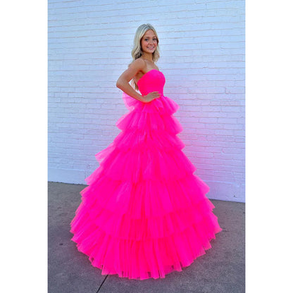 Strapless Hot Pink A-Line Tulle Long Prom Gown