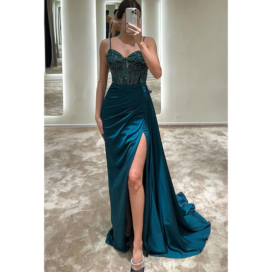 V-Neck Spaghetti Straps Beaded Ruched Sheath Long Prom Evening Gown