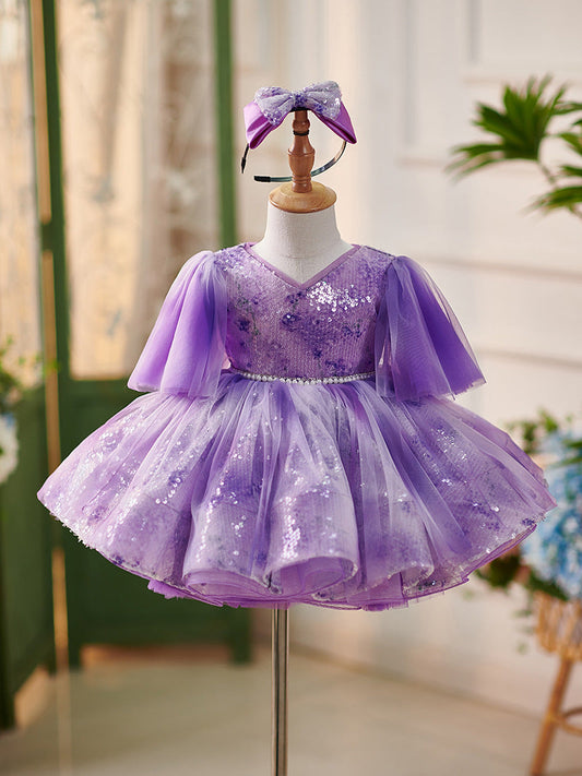 Purple Sequins Tulle Knee-length Baby Girl Dress