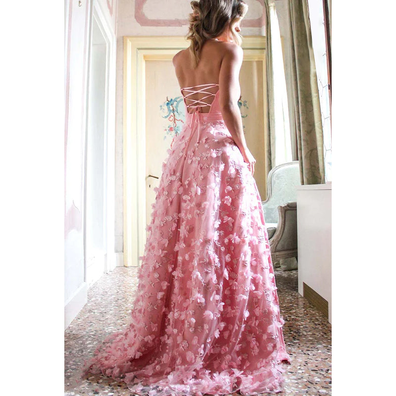 Strapless Lace-Up Appliqued Tulle A-Line Long Prom Gown With Slit