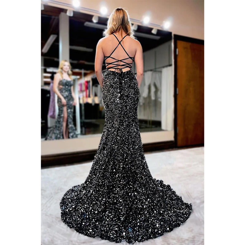 Women's Spaghetti Straps Black Sequins Sparkly Prom Dress