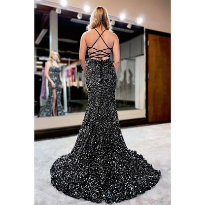 Women's Spaghetti Straps Black Sequins Sparkly Prom Dress