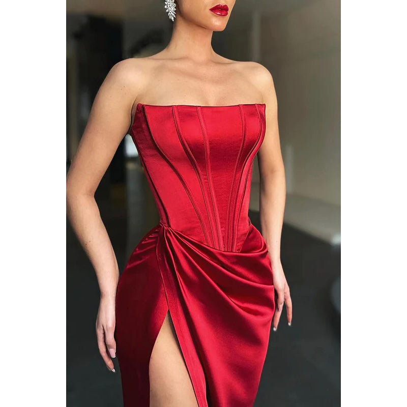 Sheath/Column Strapless Ruched Satin Split Prom Evening Formal Dress